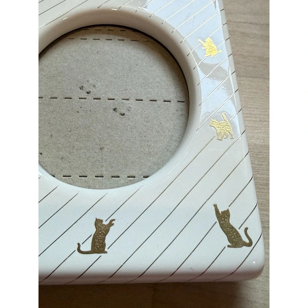 Vintage White Ceramic Picture Frame With Gold Metallic Playful Cats 3x4